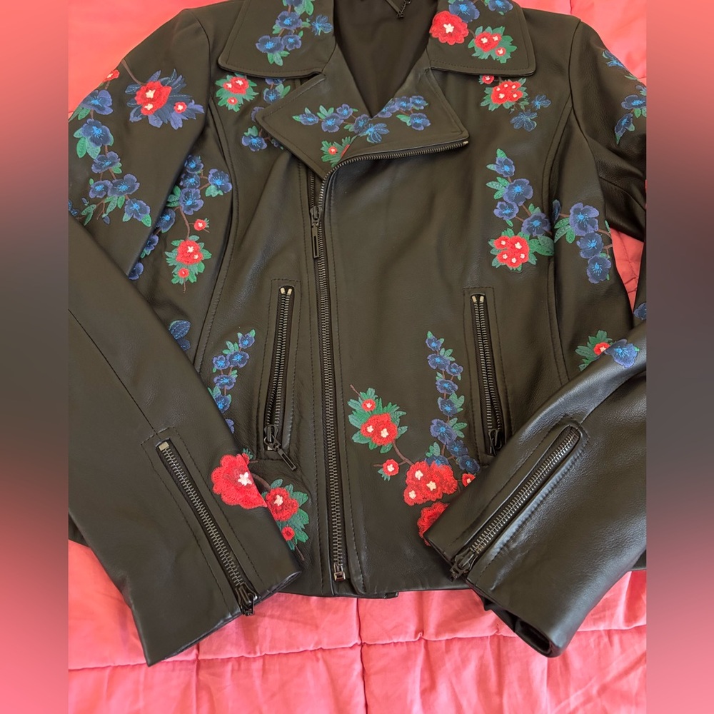 Elie Tahari Mae Embroidery Lambskin Moto Jacket-small - Picture 6 of 15